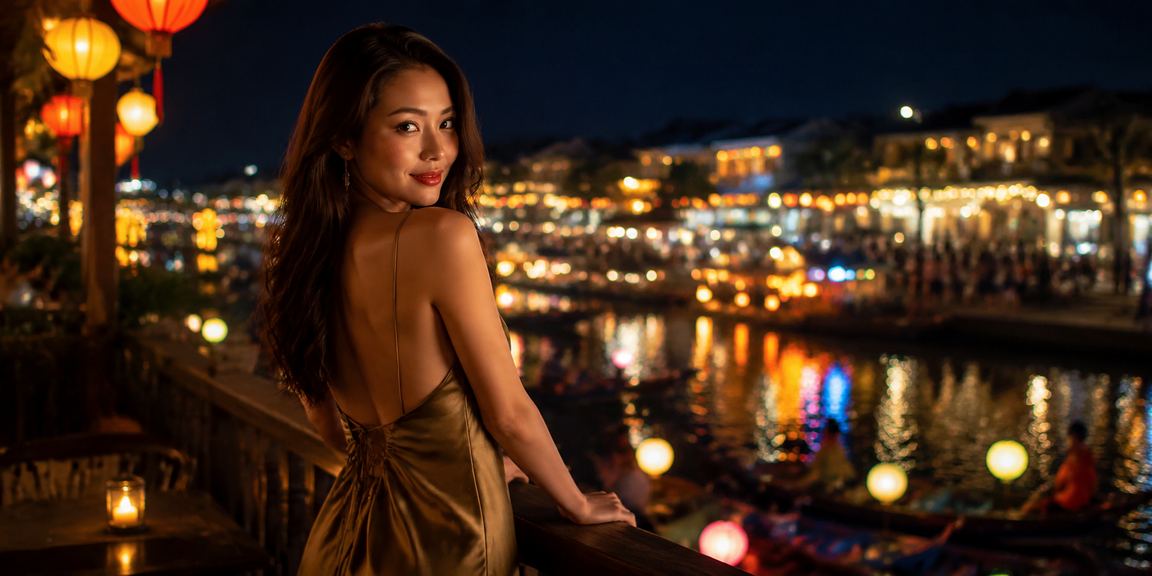 Người dùng tại chợ đêm Hội An xem trận đấu bóng đá và phân tích kèo qua điện thoại