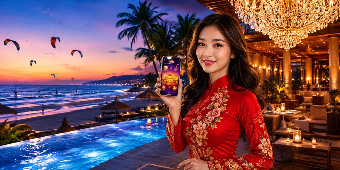 Người dùng tại Mũi Né sử dụng ứng dụng casino qua điện thoại bên bờ biển