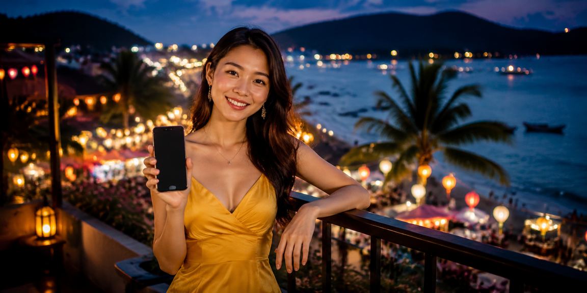 Người chơi tại Phú Quốc sử dụng điện thoại tham gia casino trực tuyến vào ban đêm